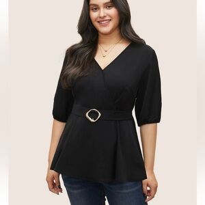 BloomChic Plain Elastic Waist Buckle Detail Wrap Blouse us12